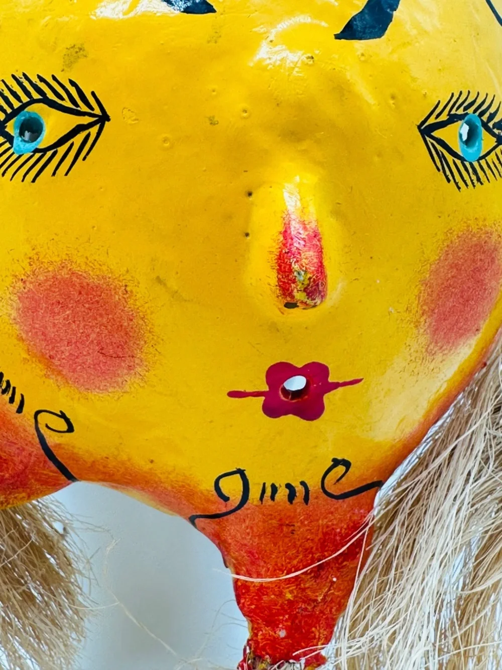 VTG Mexican Folk Art Sun Mask Coconut Shell Straw Hair Hand Painted Wall Hanging